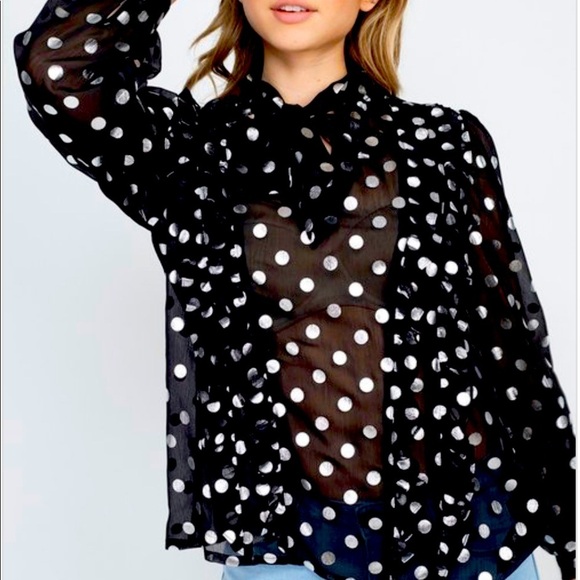 Tops - Women Printed Polka Dot Bow Tied Neck Lantern Sheer Long Sleeve Workwear Blouse